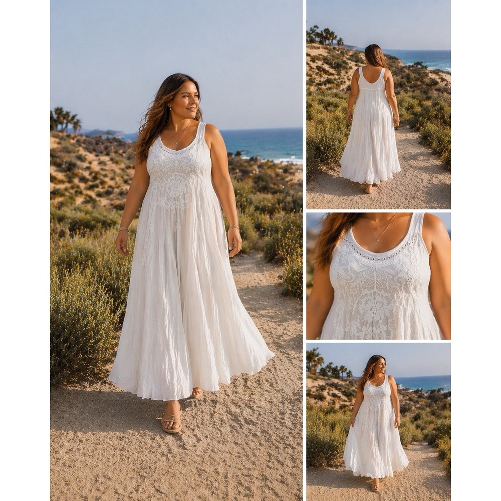 Johnny Was White Tonal Floral Embroidered Maxi Dress Womens XXL Fits L-XL  Beach - Picture 8 of 8